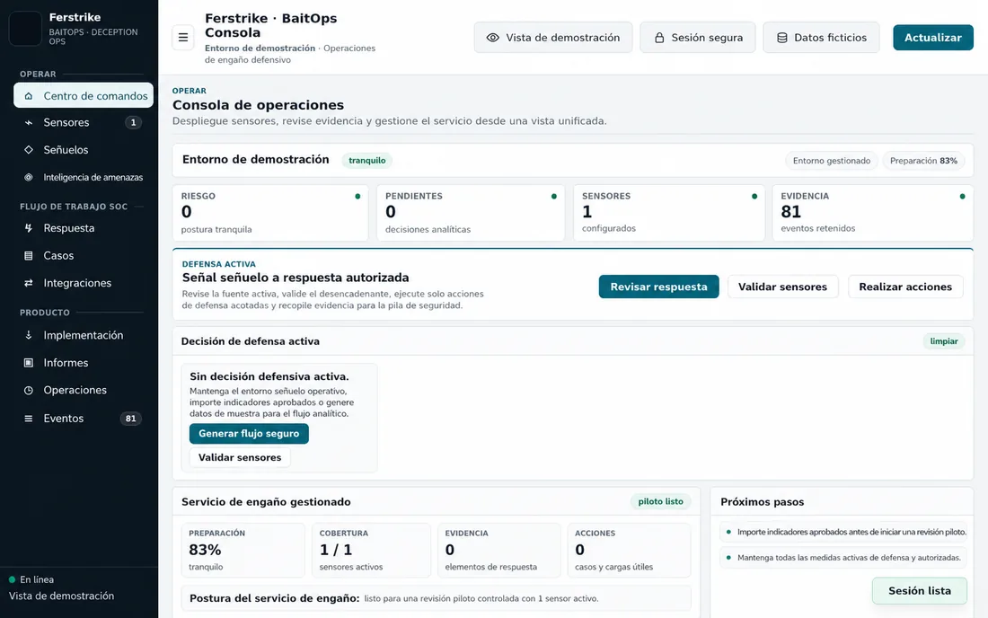 Consola BaitOps en un ambiente de prueba mostrando sensores, evidencia y preparación operativa