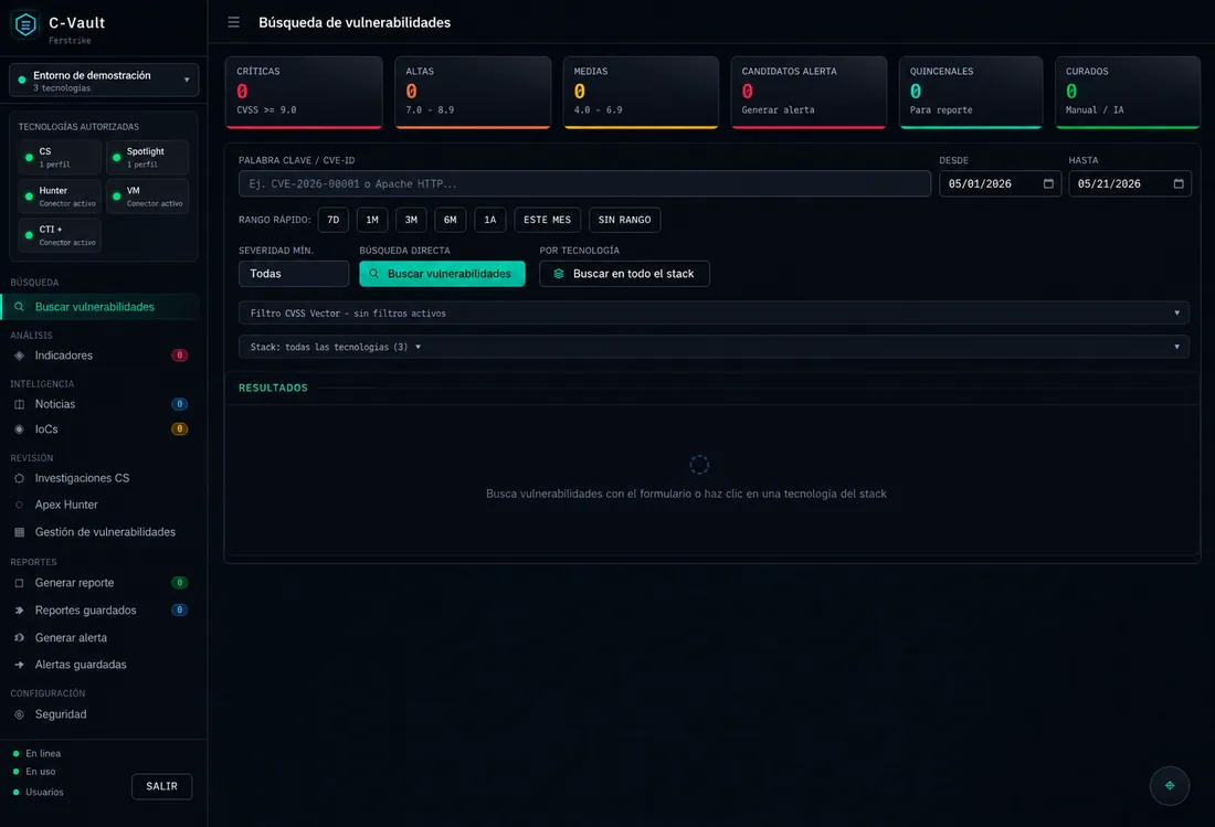 Consola C-Vault en un ambiente de prueba mostrando búsqueda de vulnerabilidades