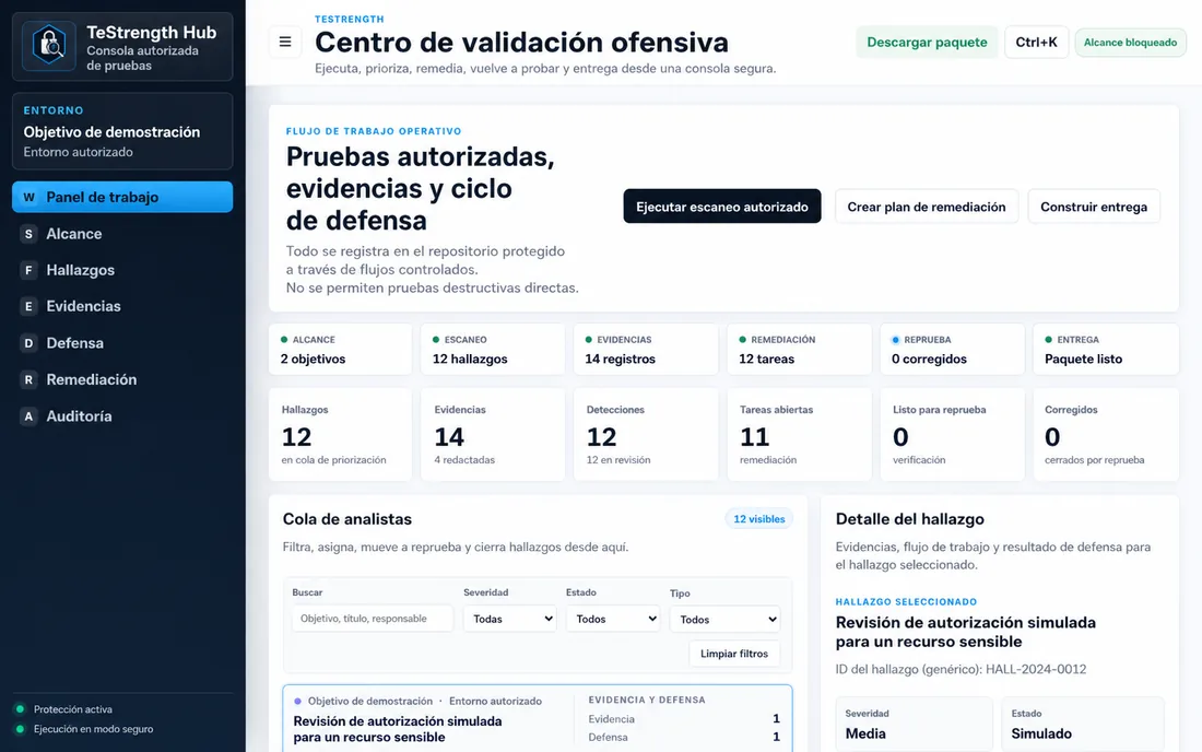 Consola TeStrength en modo seguro con hallazgos simulados y tareas de remediación